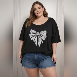 4 for$20 SHEIN Black Short Sleeve Scoop Neck Top with White Bow Graphic